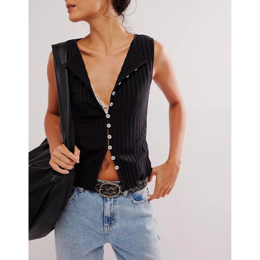 Free People Tilly Vest Blouse Top Knit Ribbed Buttondown Scoop-Neck S 287158